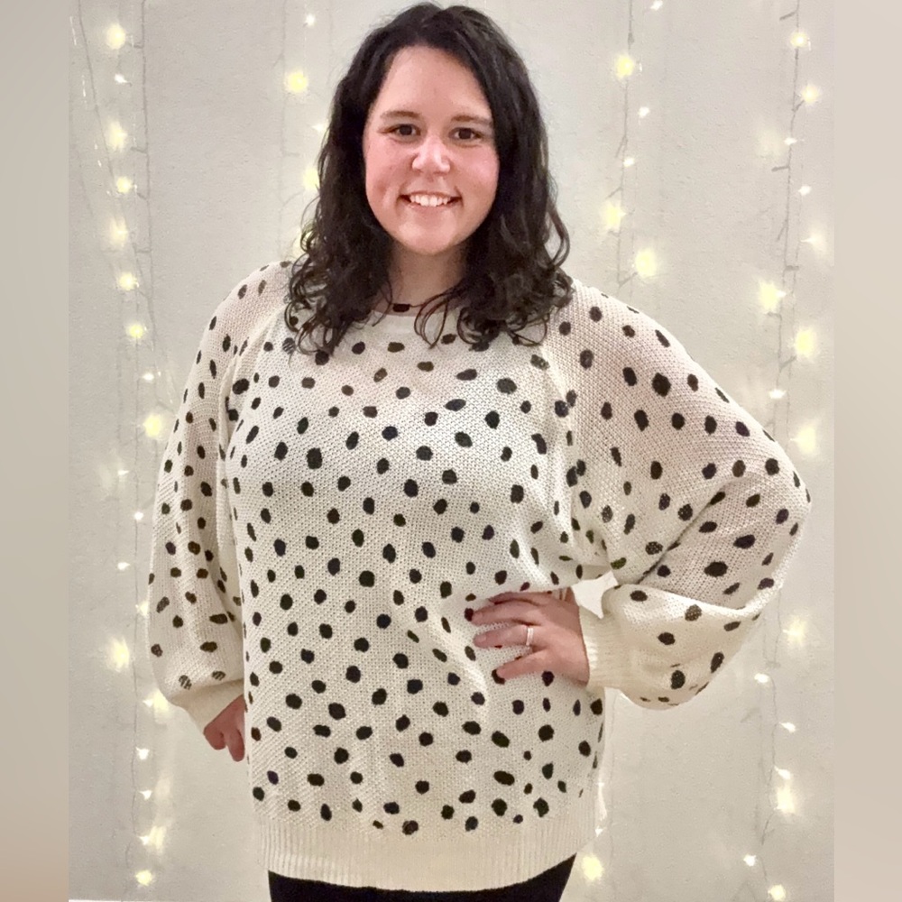 Ivory and Black Polka Dot Dalmatian Print Knit Sweater